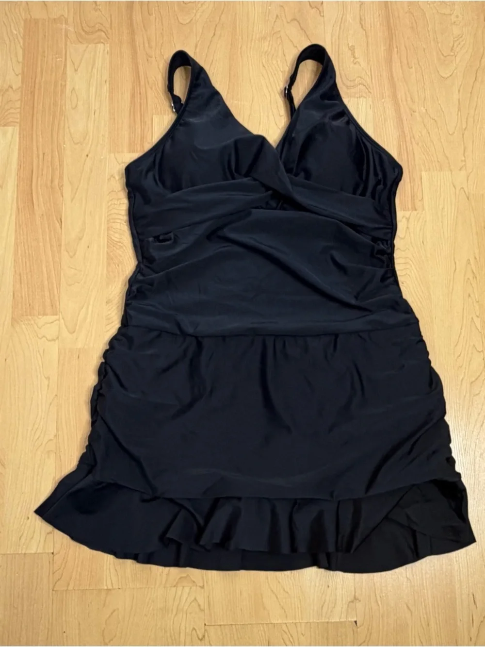Younique Black Ruched V-Neck Mini Dress with Ruffle Hem - Picture 3 of 9